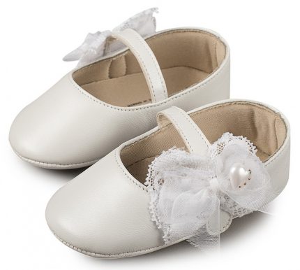 Babywalker Βαπτιστικό παπουτσάκι αγκαλιάς Δερμάτινη μπαλαρίνα λευκή με chiffon & δαντέλα φιογκάκι στο πλάι MI1555