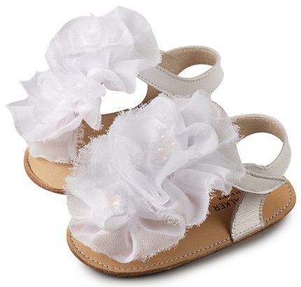 Babywalker Βαπτιστικό παπουτσάκι αγκαλιάς Δερμάτινο πέδιλο λευκό με chiffon λουλούδια MI1559