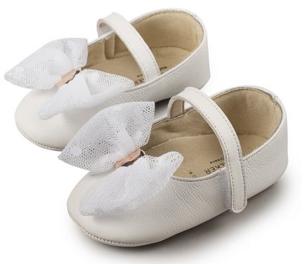 Babywalker Βαπτιστικό παπουτσάκι αγκαλιάς Δερμάτινη μπαλαρίνα Λευκό με τούλινο φιόγκο MI1573