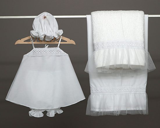 Βαπτιστικό Σετ Λαδόπανων για Κορίτσι, Λευκό με Τούλι και Δαντέλα - 22004