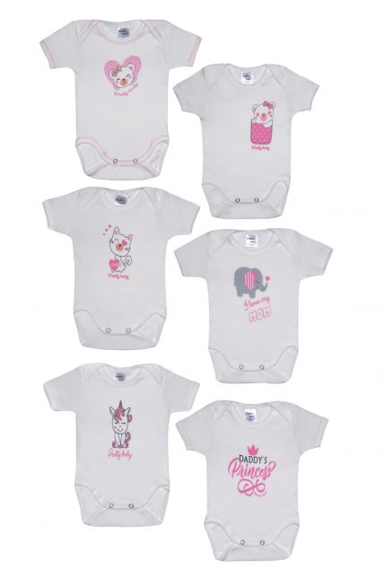 Βρεφικά Κορμάκια 6 τμχ Princess Λευκό/Ροζ Κοντό Μανίκι Βαμβακερό 100% - Pretty Baby