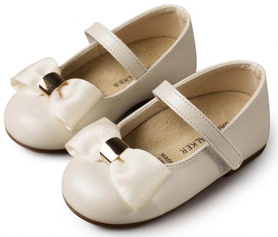 Babywalker Βαπτιστικό παπουτσάκι περπατήματος για κορίτσι Γοβάκι με Σατέν Φιόγκο & Χρυσή Λεπτομέρεια Εκρού - Παπουτσάκι BS 3537