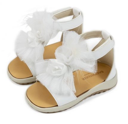 Babywalker Βαπτιστικό Παπουτσάκι Περπατήματος για Κορίτσι, Πέδιλο με Χειροποίητο Διακοσμητικό Λουλούδι από Τούλι & Ύφασμα, σε Χρώμα Λευκό, BS3561