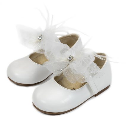 Babywalker Βαπτιστικό Παπουτσάκι Περπατήματος για Κορίτσι, Γοβάκι με Μονή Μπαρέτα & Υφασμάτινο Χειροποίητο Φιόγκο με Μαραμπού Φτερά, σε Χρώμα Λευκό, BS3562