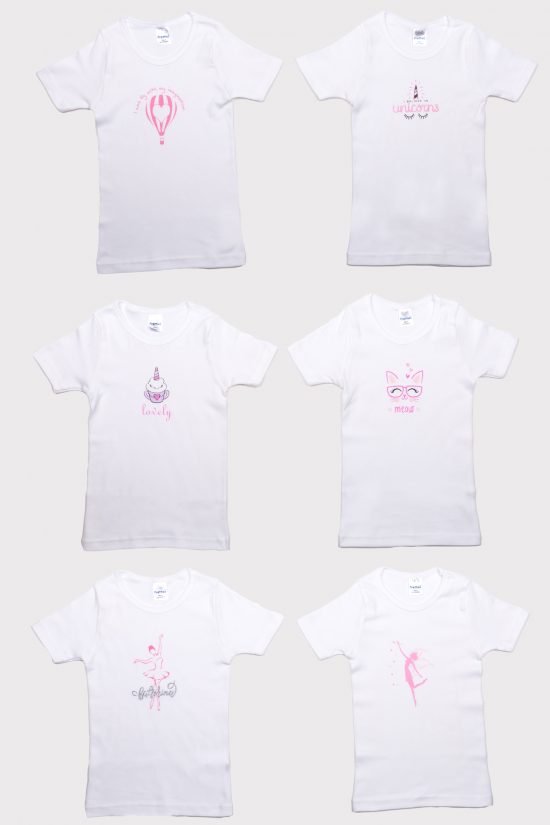 Παιδικά Φανελάκια 6 τμχ Λευκό-Ροζ Κοντό Μανίκι Βαμβακερά 100% - Pretty Baby