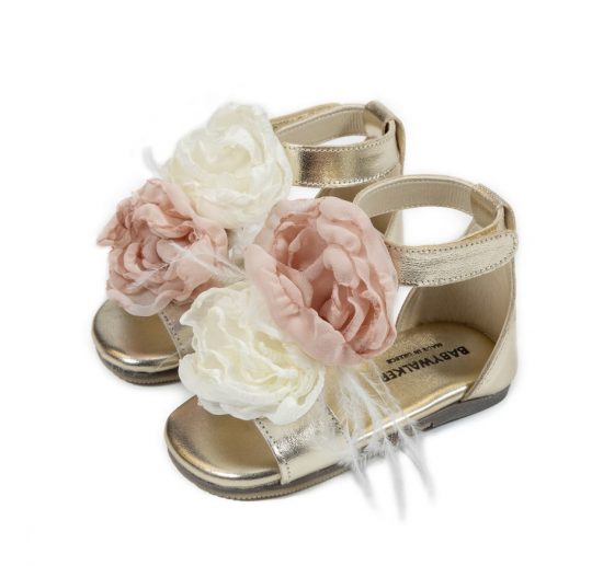 Babywalker Βαπτιστικό Δερμάτινο Πέδιλο Περπατήματος για Κορίτσι Διακοσμημένο Χειροποίητο Δίχρωμα Chiffon Λουλούδια με Πούπουλα Εκρού-Ροζ EXC5770