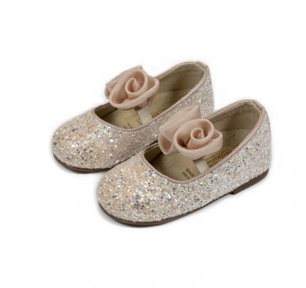 Babywalker Βαπτιστικό Γοβάκι Περπατήματος για Κορίτσι από Ύφασμα Glitter & Χειροποίητο Chiffon Λουλούδι, σε Χρώμα Λευκό, EXC5774