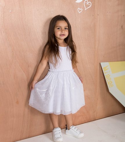 Φόρεμα Άσπρο Πουά με Shiny Τούλι (2Ε, 2-3Ε, 3-4Ε) - Minene