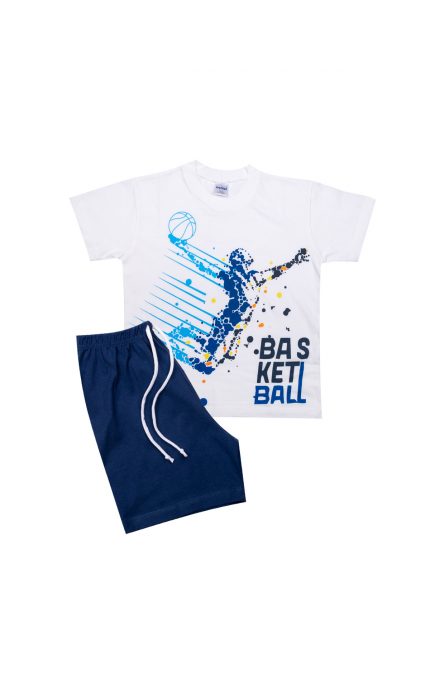 Πιτζάμα Παιδική Καλοκαιρινή Σετ 2 Τεμαχίων Basketball για Αγόρι Λευκό/Μπλε Ψιλή Πλέξη Υφάσματος, Βαμβακερό 100% - Pretty Baby