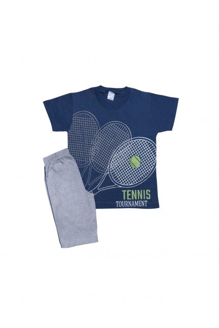 Πιτζάμα Παιδική Καλοκαιρινή Σετ 2 Τεμαχίων Tennis για Αγόρι (4-5Ε, 5-6Ε, 7-8Ε, 9-10Ε) Γκρι-Μαρίν Ψιλή Πλέξη Υφάσματος, Βαμβακερό 100% - Pretty Baby