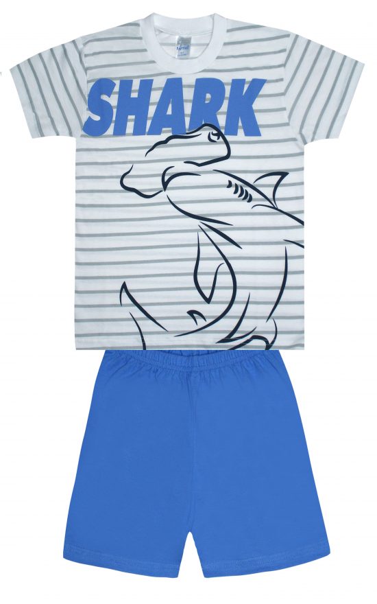 Πιτζάμα Παιδική Καλοκαιρινή Σετ 2 Τεμαχίων Shark για Αγόρι Γκρι Ρίγα-Ρουά Ψιλή Πλέξη Υφάσματος, Βαμβακερό 100% - Pretty Baby