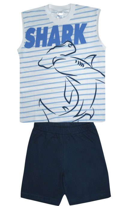 Πιτζάμα Παιδική Καλοκαιρινή Χωρίς Μανίκι Σετ 2 Τεμαχίων Shark για Αγόρι Λευκό-Μαρίν Ψιλή Πλέξη Υφάσματος, Βαμβακερό 100% - Pretty Baby