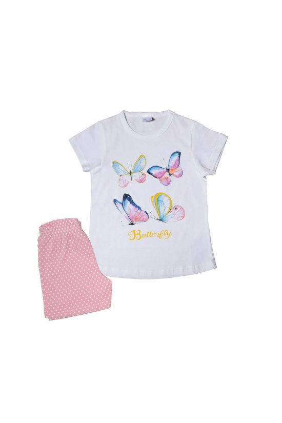 Πιτζάμα Παιδική Καλοκαιρινή Σετ 2 τεμαχίων με Τύπωμα Butterfly για Κορίτσι Λευκό-Ροζ Πουά Ψιλή Πλέξη Υφάσματος, Βαμβακερό 100% - Pretty Baby