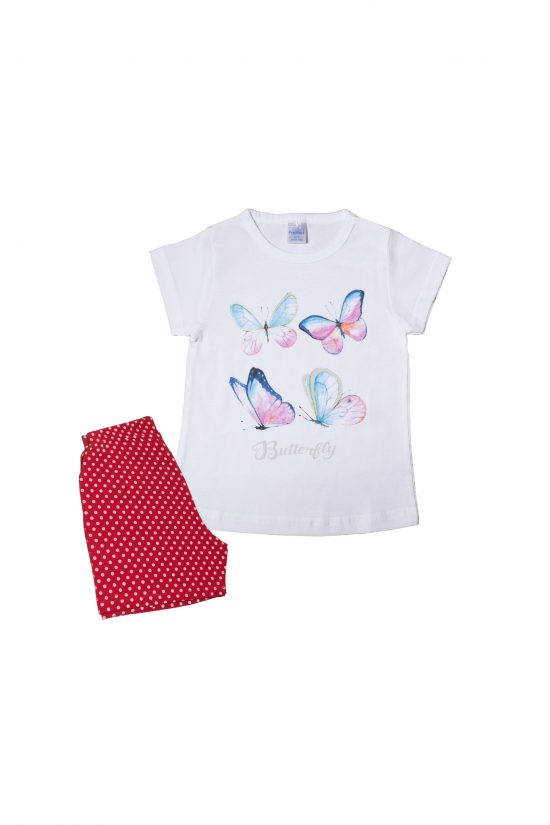 Πιτζάμα Παιδική Καλοκαιρινή Σετ 2 τεμαχίων με Τύπωμα Butterfly για Κορίτσι Λευκό-Κόκκινο Πουά Ψιλή Πλέξη Υφάσματος, Βαμβακερό 100% - Pretty Baby