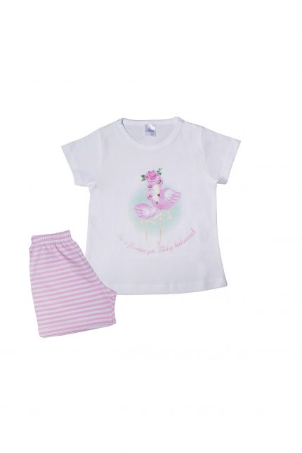 Πιτζάμα Παιδική Καλοκαιρινή Σετ 2 τεμαχίων με Τύπωμα Flamingo για Κορίτσι (4-5Ε, 5-6Ε) Λευκό-Ροζ Ψιλή Πλέξη Υφάσματος, Βαμβακερό 100% - Pretty Baby