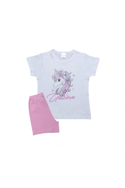 Πιτζάμα Παιδική Καλοκαιρινή Σετ 2 τεμαχίων Unicorn για Κορίτσι Λευκό/Ροζ Ψιλή Πλέξη Υφάσματος, Βαμβακερό 100% - Pretty Baby