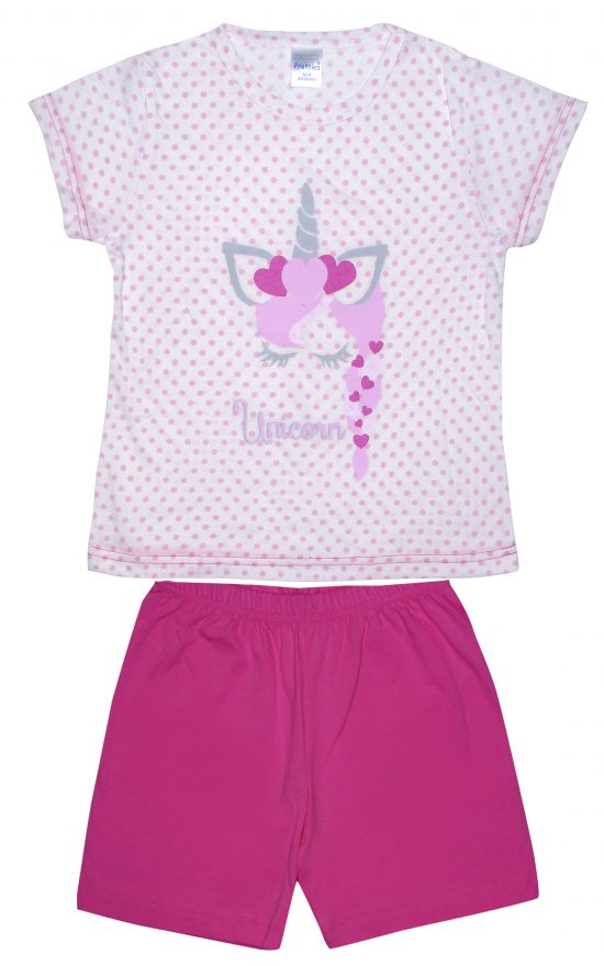Πιτζάμα Παιδική Καλοκαιρινή Unicorn για Κορίτσι Λευκό/Ροζ Πουά Ψιλή Πλέξη Υφάσματος, Βαμβακερό 100% - Pretty Baby