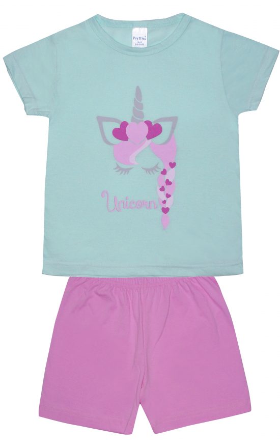 Πιτζάμα Παιδική Καλοκαιρινή Unicorn για Κορίτσι Aqua/Ροζ Ψιλή Πλέξη Υφάσματος, Βαμβακερό 100% - Pretty Baby