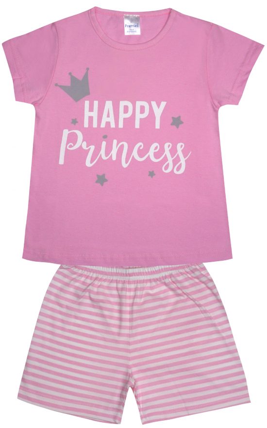 Πιτζάμα Παιδική Καλοκαιρινή Σετ 2 τεμαχίων Happy για Κορίτσι Ροζ Ρίγα Ψιλή Πλέξη Υφάσματος, Βαμβακερό 100% - Pretty Baby