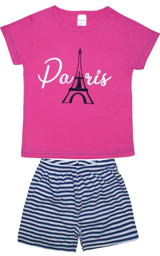 Πιτζάμα Παιδική Καλοκαιρινή Σετ 2 τεμαχίων Paris για Κορίτσι Φουξ/Ρίγα Μαρίν Ψιλή Πλέξη Υφάσματος, Βαμβακερό 100% - Pretty Baby