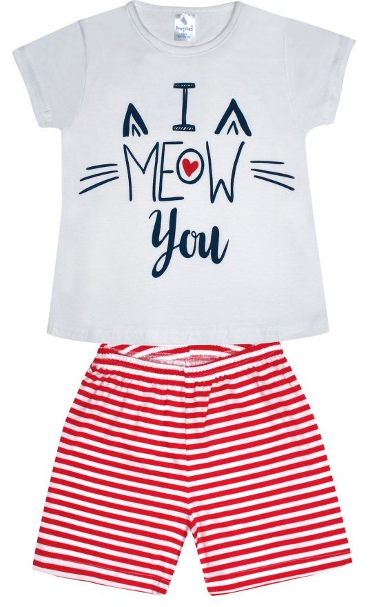 Πιτζάμα Παιδική Καλοκαιρινή Σετ 2 τεμαχίων Meow για Κορίτσι Λευκό/Κόκκινη Ρίγα Ψιλή Πλέξη Υφάσματος, Βαμβακερό 100% - Pretty Baby