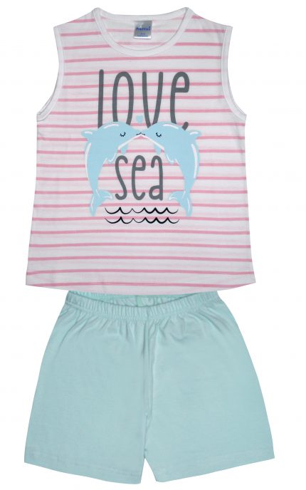 Πιτζάμα Παιδική Καλοκαιρινή Σετ 2 τεμαχίων Χωρίς Μανίκι Love Sea για Κορίτσι Φράουλα/Teal Ψιλή Πλέξη Υφάσματος, Βαμβακερό 100% - Pretty Baby