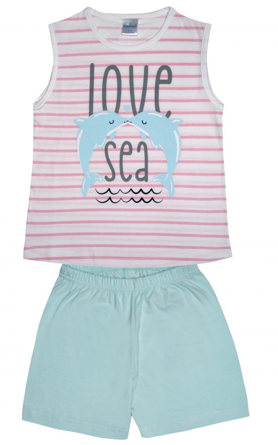 Πιτζάμα Παιδική Καλοκαιρινή Σετ 2 τεμαχίων Χωρίς Μανίκι Love Sea για Κορίτσι Φράουλα/Teal Ψιλή Πλέξη Υφάσματος, Βαμβακερό 100% - Pretty Baby