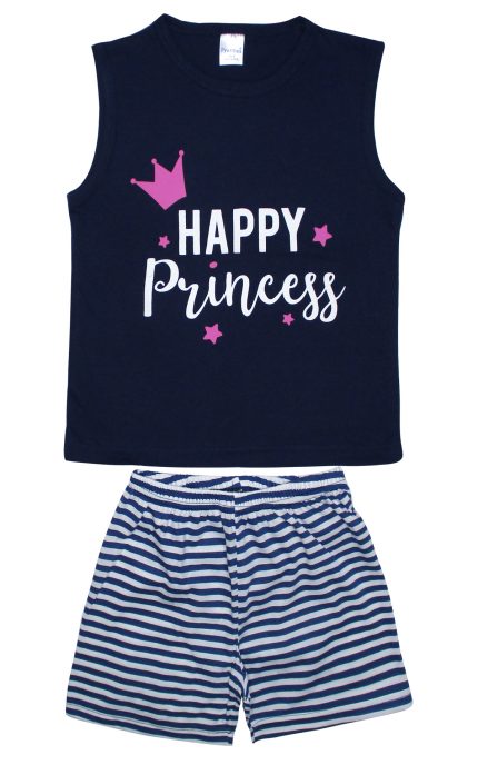 Πιτζάμα Παιδική Καλοκαιρινή Σετ 2 τεμαχίων Χωρίς Μανίκι Princess για Κορίτσι Ρίγα Μαρίν Ψιλή Πλέξη Υφάσματος, Βαμβακερό 100% - Pretty Baby