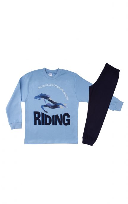 Πιτζάμα Παιδική Χειμερινή με Τύπωμα Riding για Αγόρι Σιέλ/Μαρίν, Βαμβακερή 100% - Pretty Baby