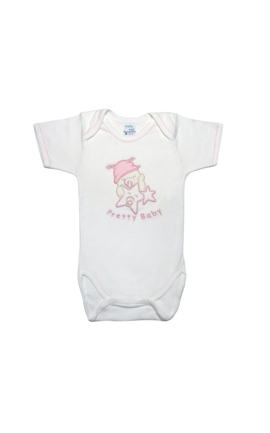 Βρεφικό Κορμάκι Αρκουδάκι Λευκό-Ροζ Κοντό Μανίκι Βαμβακερό 100% - Pretty Baby