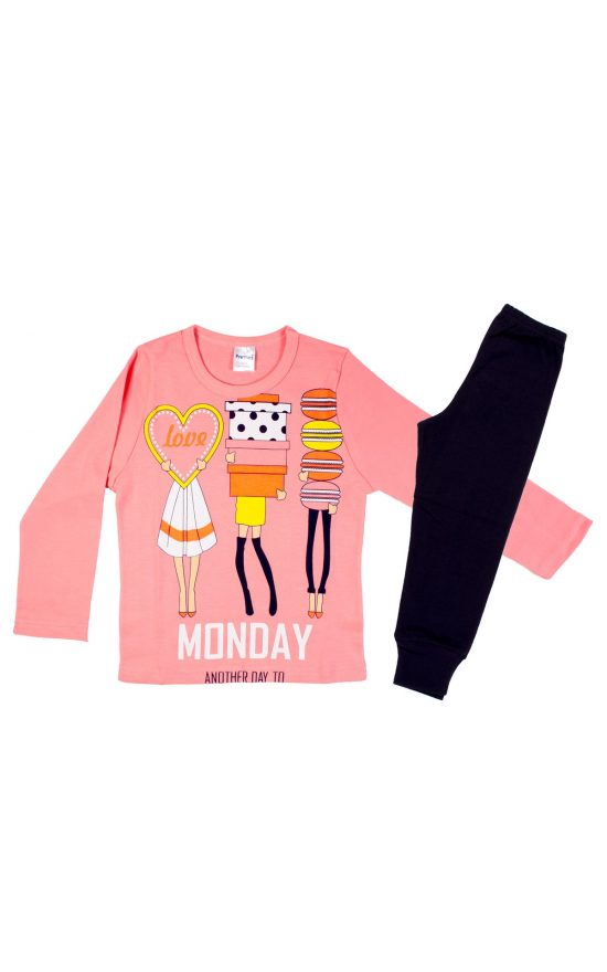 Πιτζάμα Παιδική Χειμερινή με Τύπωμα Monday για Κορίτσι Ροζ, Βαμβακερή 100% - Pretty Baby