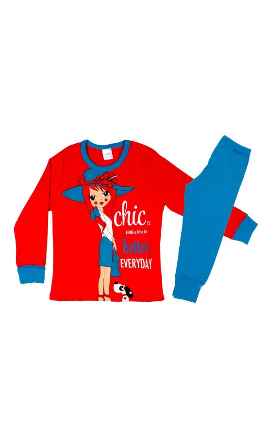 Πιτζάμα Παιδική Χειμερινή με Τύπωμα Chic για Κορίτσι Πετρόλ/Κόκκινο, Βαμβακερή 100% - Pretty Baby