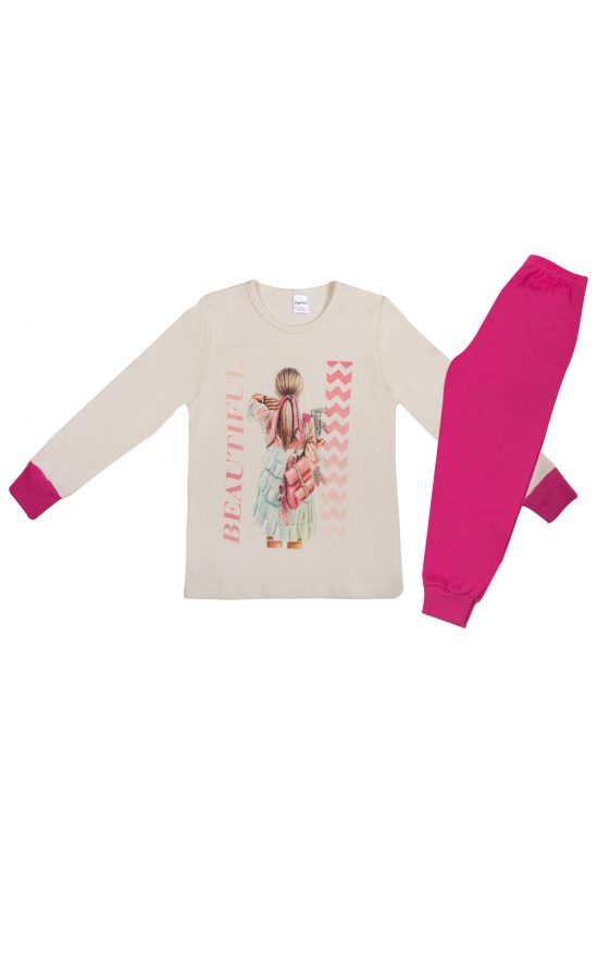 Πιτζάμα Παιδική Χειμερινή με Τύπωμα Beautiful για Κορίτσι Εκρού-Ροζ, Βαμβακερή 100% - Pretty Baby