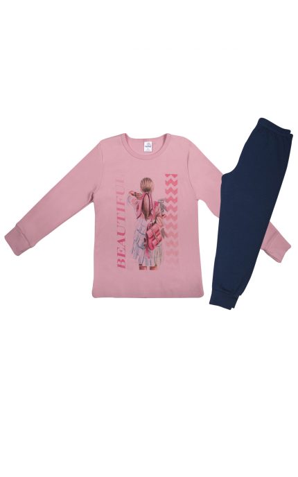 Πιτζάμα Παιδική Χειμερινή με Τύπωμα Beautiful για Κορίτσι Ροζ-Μαρίν, Βαμβακερή 100% - Pretty Baby