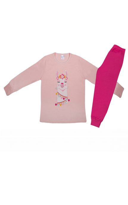 Πιτζάμα Παιδική Χειμερινή με Τύπωμα Λάμα για Κορίτσι Ροζ-Φουξ, Βαμβακερή 100% - Pretty Baby