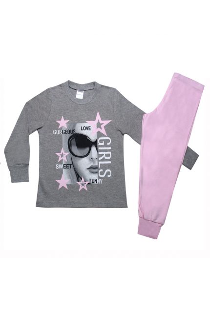 Πιτζάμα Παιδική Χειμερινή με Τύπωμα Girls για Κορίτσι Γκρι-Ροζ, Βαμβακερή 100% - Pretty Baby