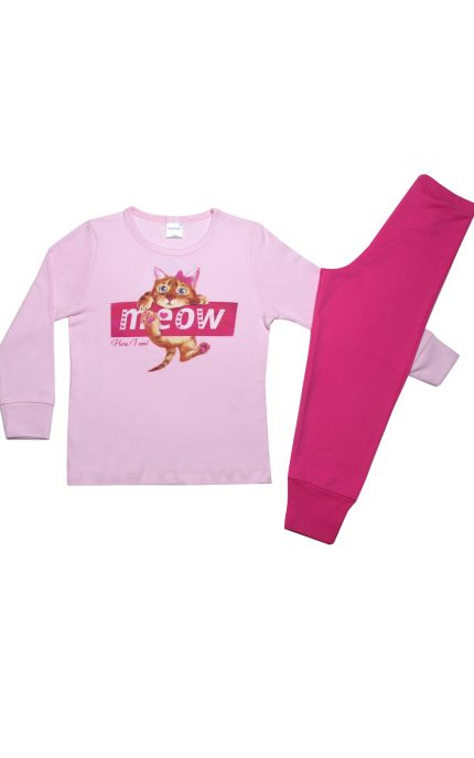 Πιτζάμα Παιδική Χειμερινή με Τύπωμα Meow για Κορίτσι Ροζ, Βαμβακερή 100% - Pretty Baby