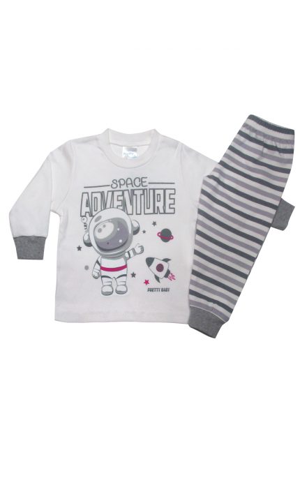 Πιτζάμα Βρεφική-Παιδική Χειμερινή με Τύπωμα Space Adventure για Αγόρι Εκρού-Ανθρακί, Βαμβακερή 100% - Pretty Baby