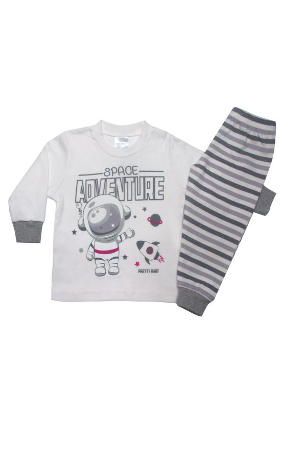 Πιτζάμα Παιδική Χειμερινή με Τύπωμα Space Adventure για Αγόρι (6Μ) Εκρού-Ανθρακί, Βαμβακερή 100% - Pretty Baby