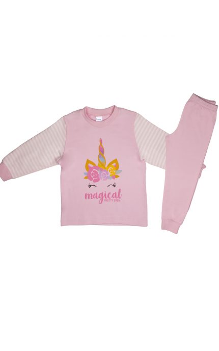 Πιτζάμα Παιδική Χειμερινή με Τύπωμα Unicorn για Κορίτσι (5-6Ε) Ροζ Ρίγα, Βαμβακερή 100% - Pretty Baby