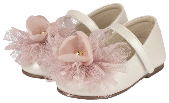 Babywalker Βαπτιστικό Παπουτσάκι Περπατήματος για Κορίτσι Γοβάκι Μονή Μπαρέτα με Λουλούδι BS3560 Εκρού-Ροζ