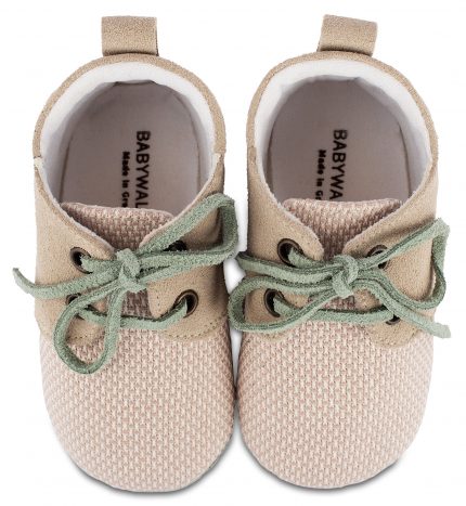 Babywalker Βαπτιστικό Παπουτσάκι Αγκαλιάς Δίχρωμο Δετό Sneaker Μέντα-Μπεζ, MI1099