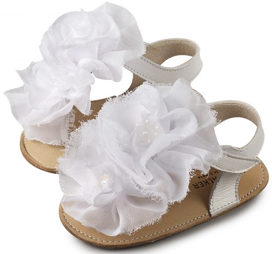 Babywalker Βαπτιστικό Παπουτσάκι Αγκαλιάς Δερμάτινο Πέδιλο Λευκό με Chiffon Λουλούδια MI1559