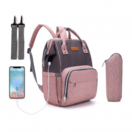 Τσάντα Πλάτης Μωρού LEQUEEN Ροζ Γκρι Καπιτονέ με USB B-570 Fiko