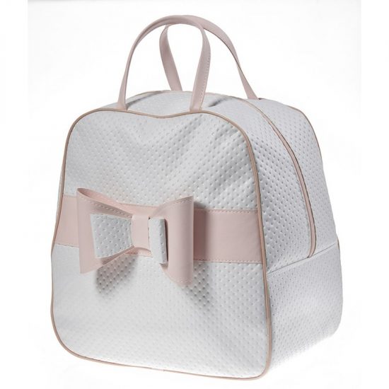 Τσάντα Βάπτισης Nuova Vita, Δερμάτινη, Λευκή με Ροζ και Διπλό Φιόγκο (40x24x40cm) - 521