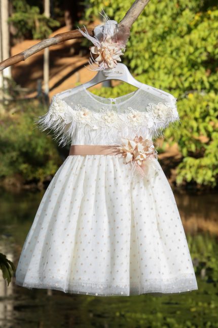 Χειμερινό Βαπτιστικό φορεματάκι για κορίτσι Εκρού με Μπεζ πουά Κ4301Φ, Mi Chiamo