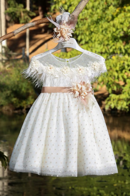 Βαπτιστικό φορεματάκι για κορίτσι Εκρού με Μπεζ πουά Κ4301Φ, Mi Chiamo