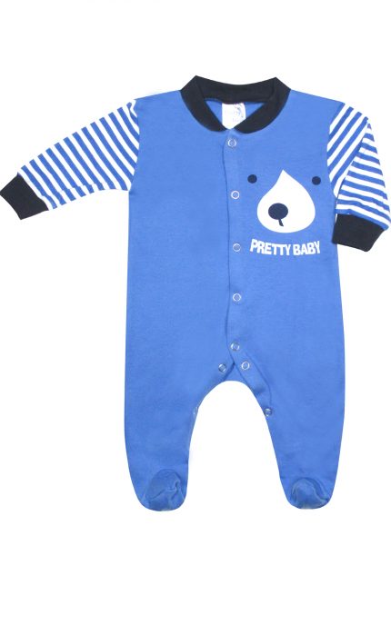 Βρεφικό Χειμερινό Φορμάκι για Αγόρι Face Μακρύ Μανίκι, Μπλε-Εκρού Χοντρή Πλέξη Υφάσματος, Βαμβακερό 100% - Pretty Baby
