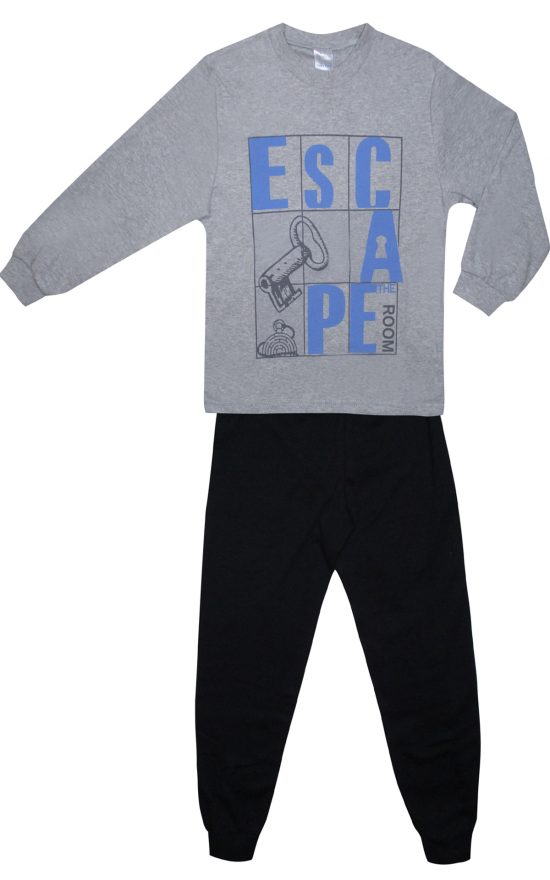 Πιτζάμα Παιδική Χειμερινή με Τύπωμα Escape Room για Αγόρι Ανθρακί, Βαμβακερή 100% - Pretty Baby