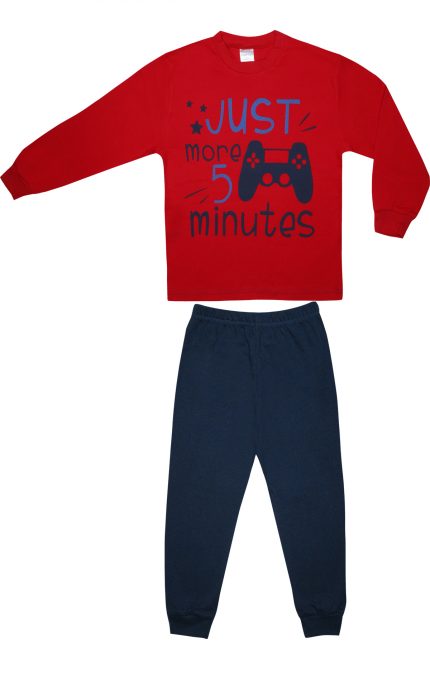 Πιτζάμα Παιδική Χειμερινή με Τύπωμα 5 Minutes για Αγόρι Κόκκινο-Ραφ, Βαμβακερή 100% - Pretty Baby